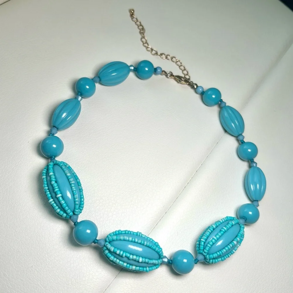 Vintage Retro Boho Aqua Chunky Beaded Necklace